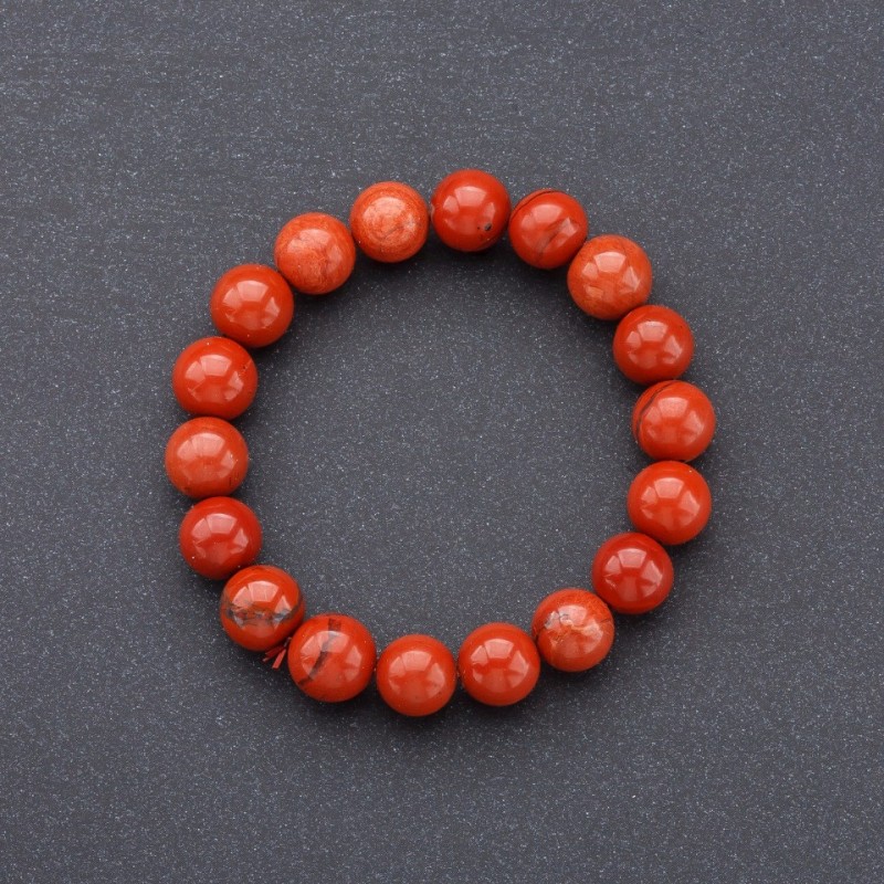 Elastic Bracelet, Natural Red Jasper Smooth Round Beads, 10mm Diameter