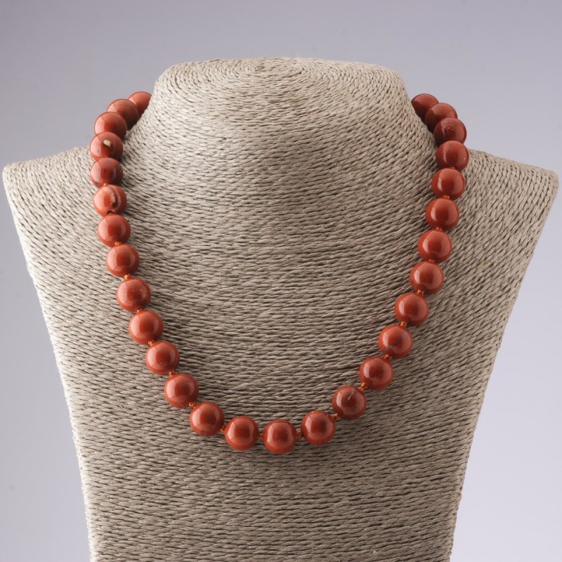 Necklace Natural Stone Red Jasper, Smooth Bead, Diameter 12mm, Length 50cm