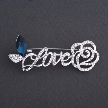 Sale! "Love with Rose" Brooch, blue crystal, 6x3cm, silver-tone metal