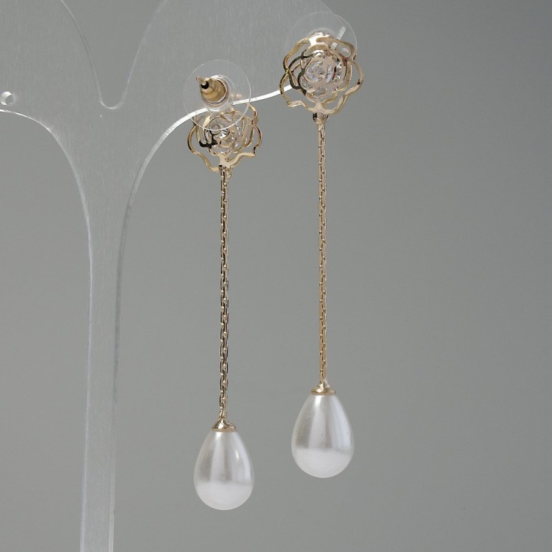 Long High-Tech "Roses" Earrings, Length 7 cm, Gold Metal Color
