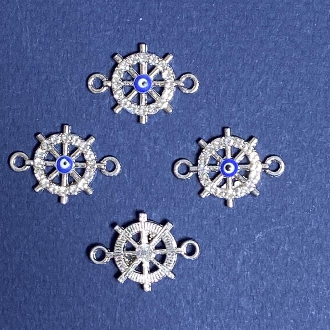 Findings Rhinestone Ship's Wheel Eye Connector Charm, 1.5x2 cm, Silver-Tone, Pack of 4