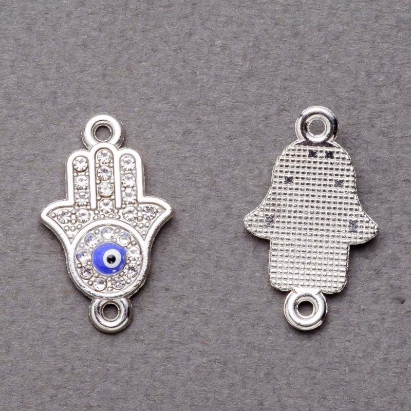 Findings Rhinestone Hamsa Hand Eye Connector Charm, Silver-Tone, 2.5x1.3 cm, Pack of 3