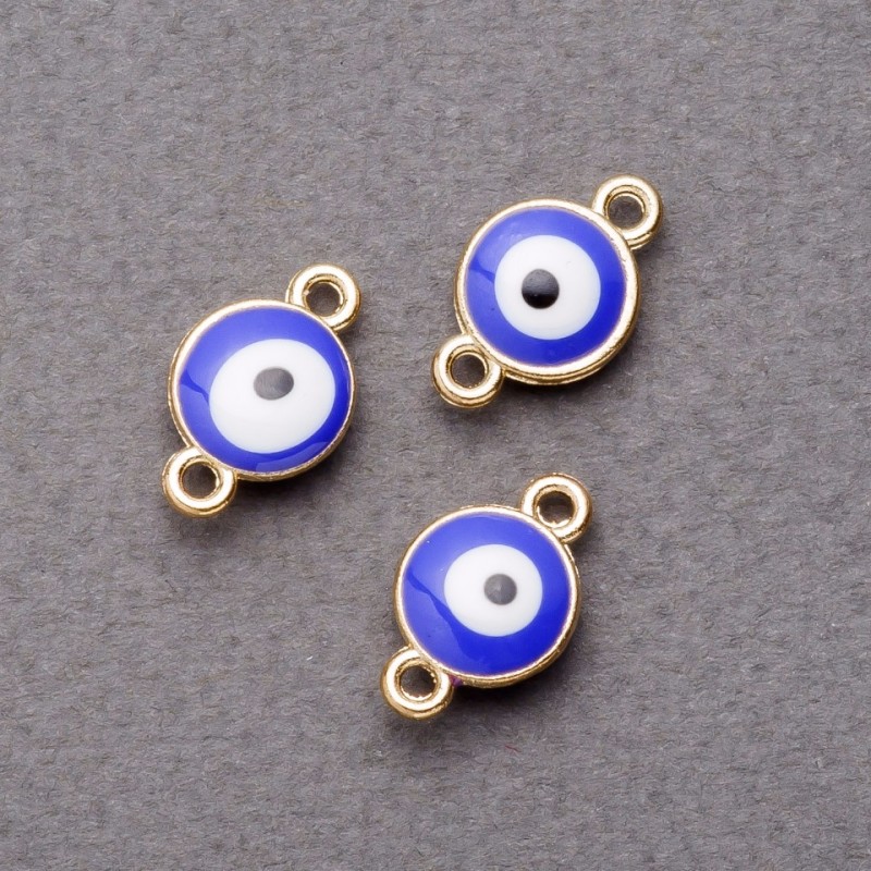 Findings pendant connector Eye, blue enamel, 10mm, gold-tone, pack of 4 pcs