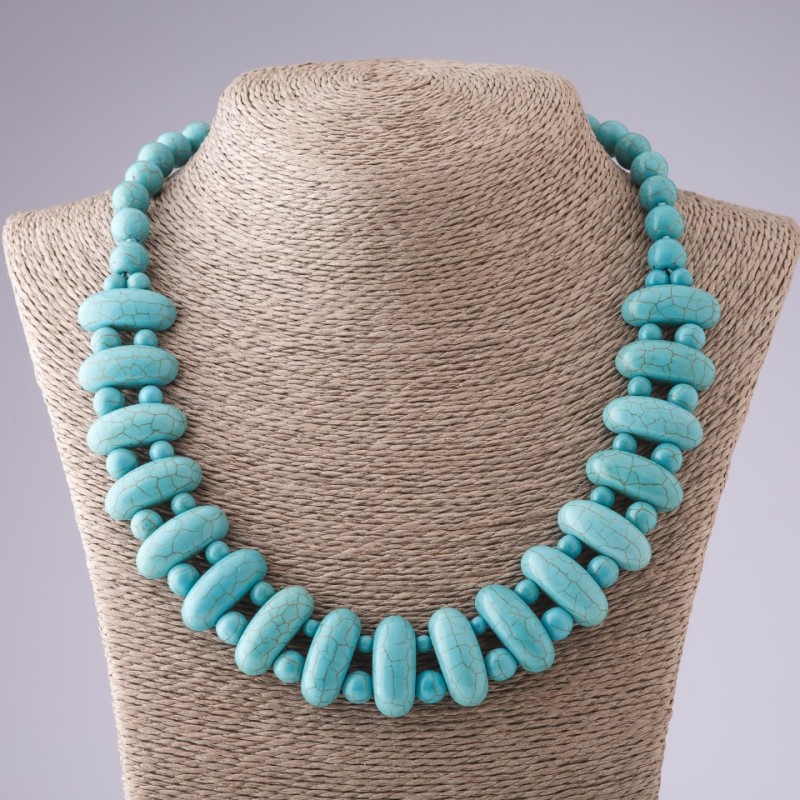 Cleopatra Necklace Turquoise Veined Green Link 10*25mm and Bead 10mm L50cm