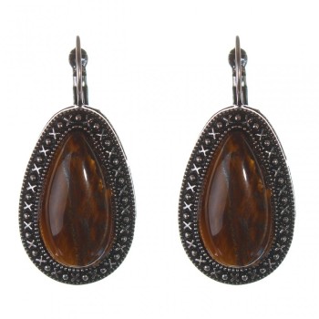 Clearance. Tiger Eye Earrings, "Dot Cross" Setting, "Drop" Stone 3x2cm, Length 4cm