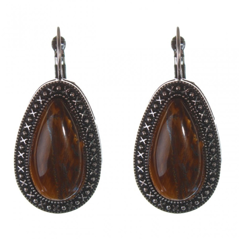 Clearance. Tiger Eye Earrings, "Dot Cross" Setting, "Drop" Stone 3x2cm, Length 4cm