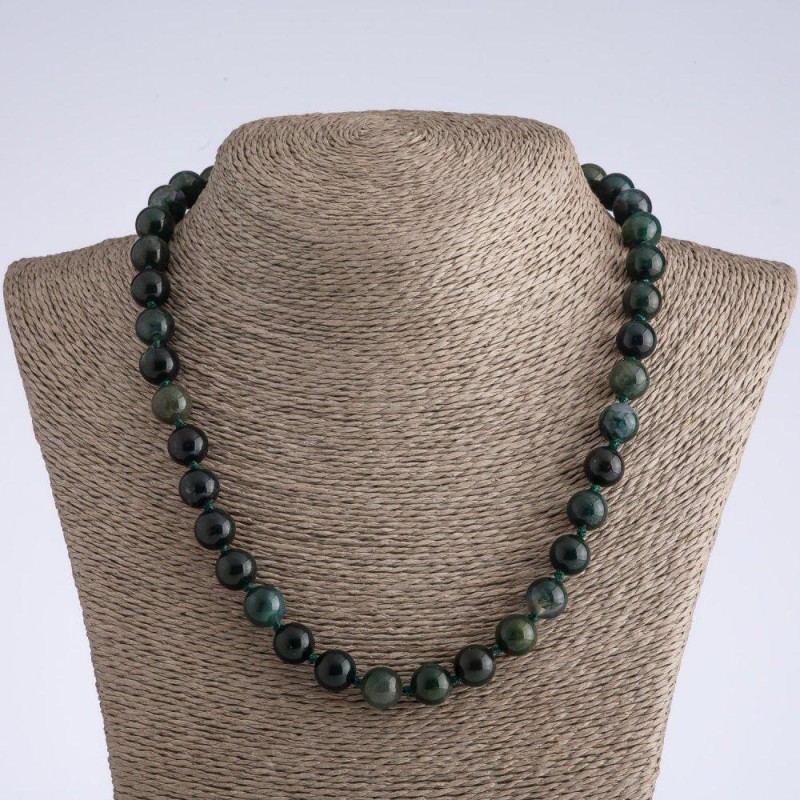Moss Agate Natural Stone Necklace, Smooth Ball, Diameter 12mm, Length 50cm
