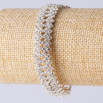 Two-Row Rhinestone Bracelet with Clasp, Double Zigzag, Silver-Tone Metal, Length 19 cm, Width 14mm