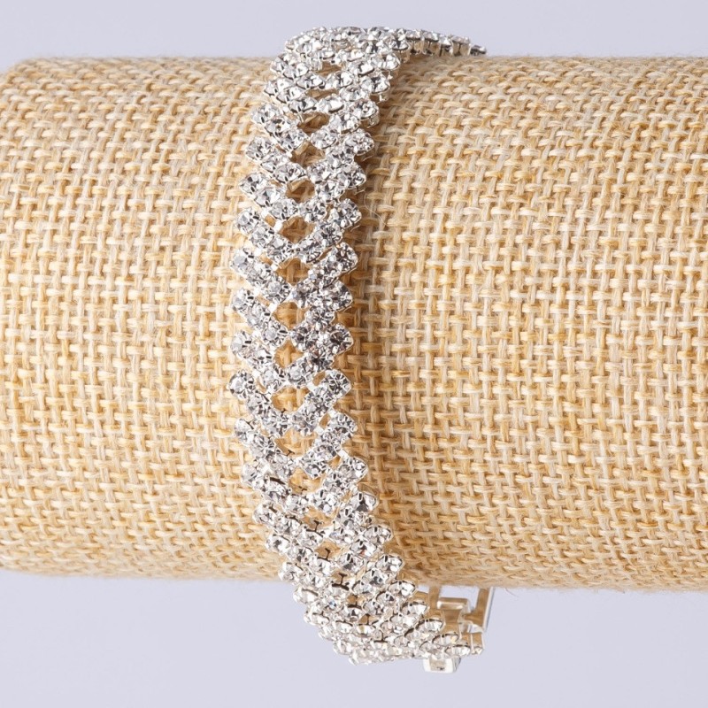 Two-Row Rhinestone Bracelet with Clasp, Double Zigzag, Silver-Tone Metal, Length 19 cm, Width 14mm