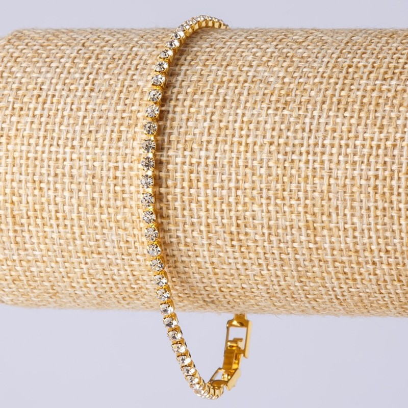 Single-Row Rhinestone Bracelet with Clasp, Gold-Tone Metal, Length 20 cm, Width 3mm