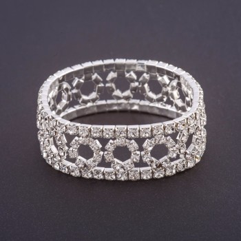 Stretch Rhinestone Bracelet "Rings" Pattern, White Rhinestones, Width 19 cm, Circumference 18.5 cm, Silver-Tone Metal