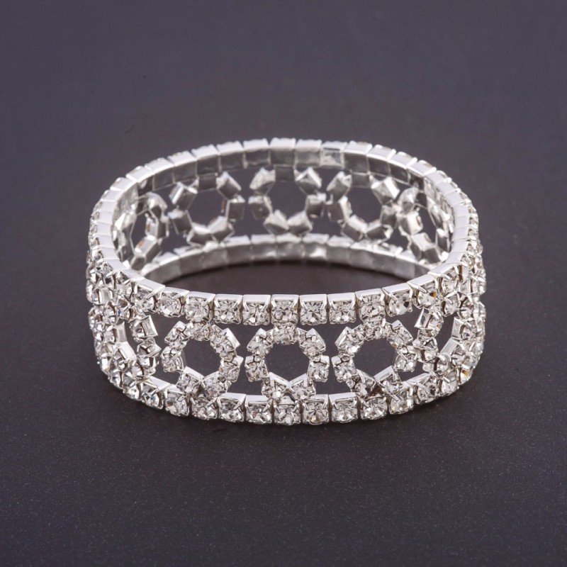 Stretch Rhinestone Bracelet "Rings" Pattern, White Rhinestones, Width 19 cm, Circumference 18.5 cm, Silver-Tone Metal