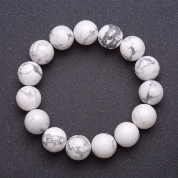 Natural Cacholong Stone Bracelet on Elastic Band, Smooth Round Beads, diameter 12mm, length 18cm