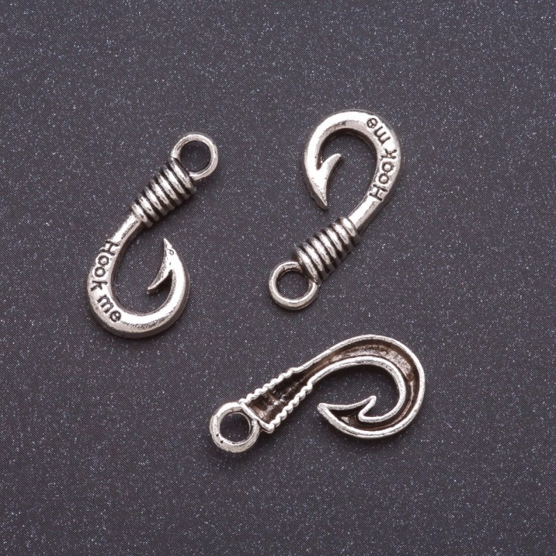 Hook Pendant Charm, Width 10mm, Diameter 4mm, L4mm, Gray Metal, Pack of 10pcs