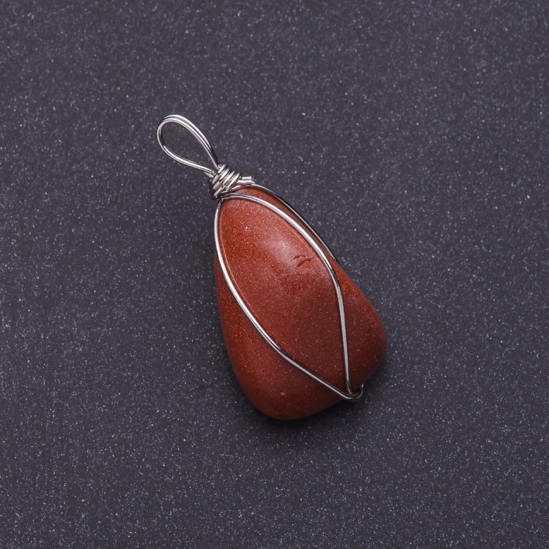 Aventurine "Golden Sand" Stone Pendant in Silver-Tone Wire Wrap, 2.6x2.1cm (+/-)