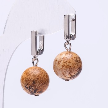 Earrings Elegant Landscape Jasper Ball 12mm English Lock, length 29mm+