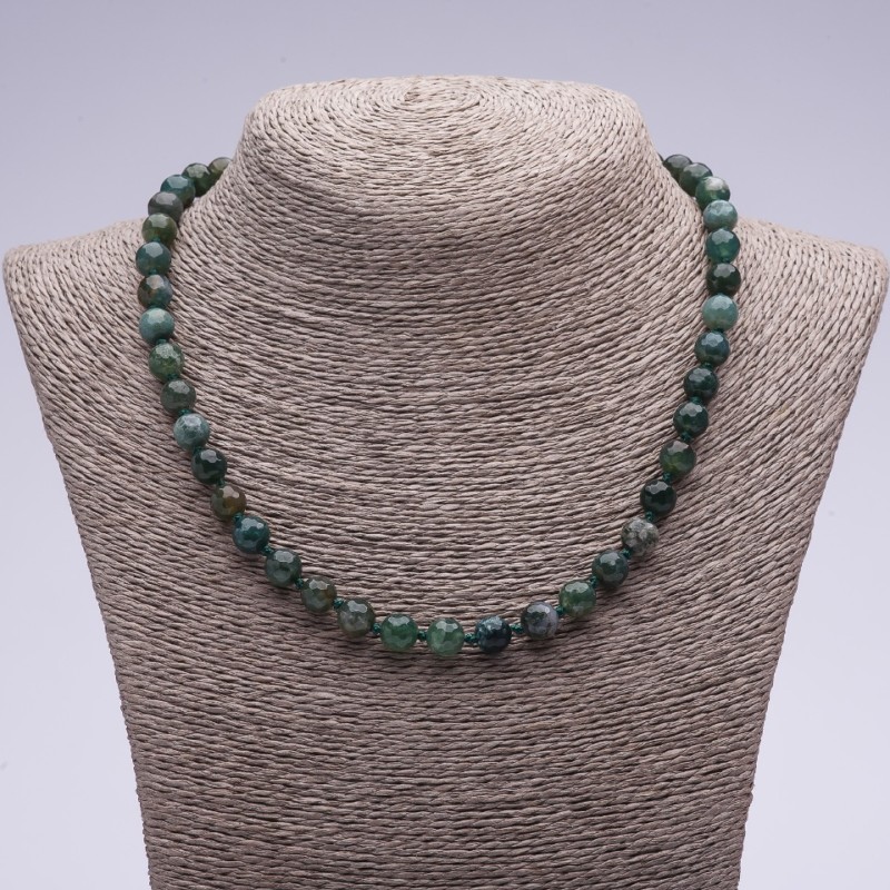 Moss Agate Necklace, Faceted Round Beads, 45cm Length, 8mm Diameter