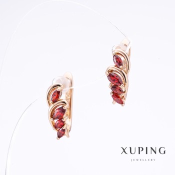 Xuping Earrings with Red Stones, Gold Plated, length 1.5cm, thickness 6mm