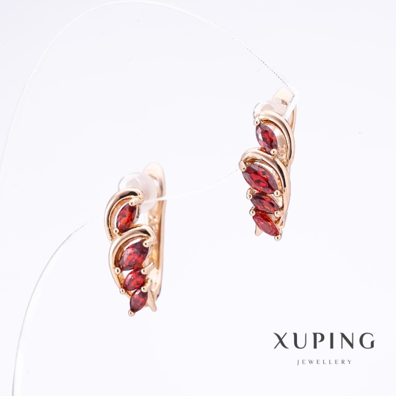 Xuping Earrings with Red Stones, Gold Plated, length 1.5cm, thickness 6mm