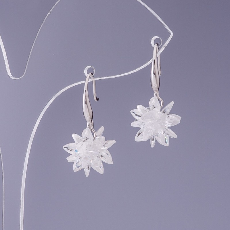 Earrings with White Crystals "Snowflakes", 12mm diameter, 2.5cm length