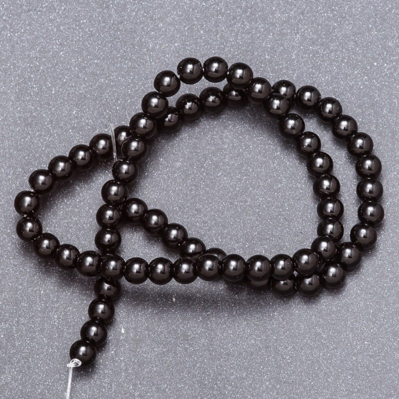 Natural Stone Beads Black Agate (raw) On Thread, 6mm diameter, 37cm length