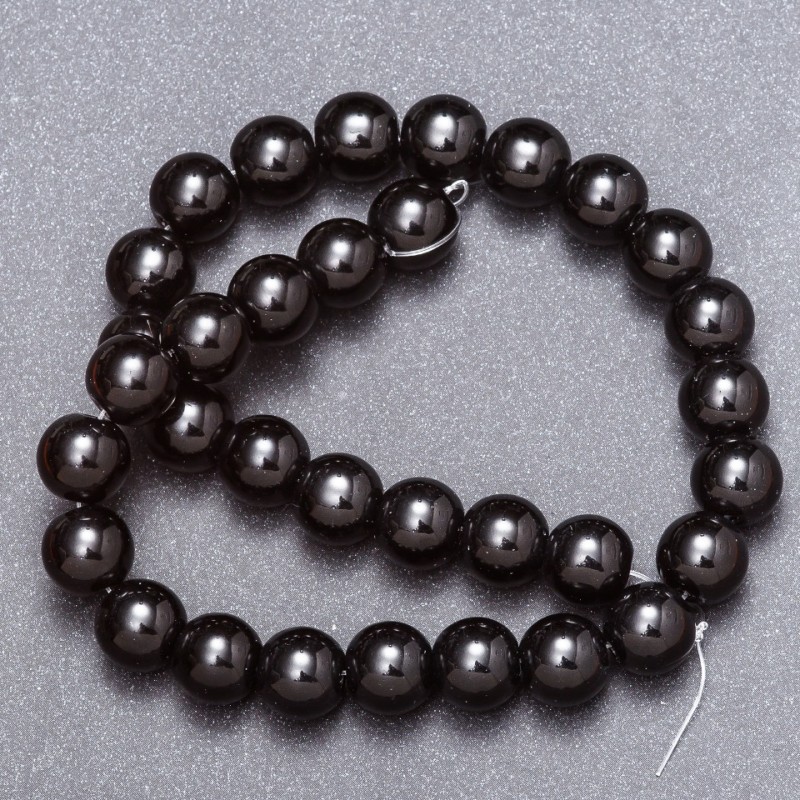 Black Agate Beads (Pressed) on a Thread, Diameter 12mm, Length 37cm