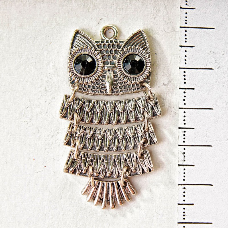 (45mm) Owl Pendant Charm, Light Gray Metal, Linked Chain, Black Rhinestones, Medium