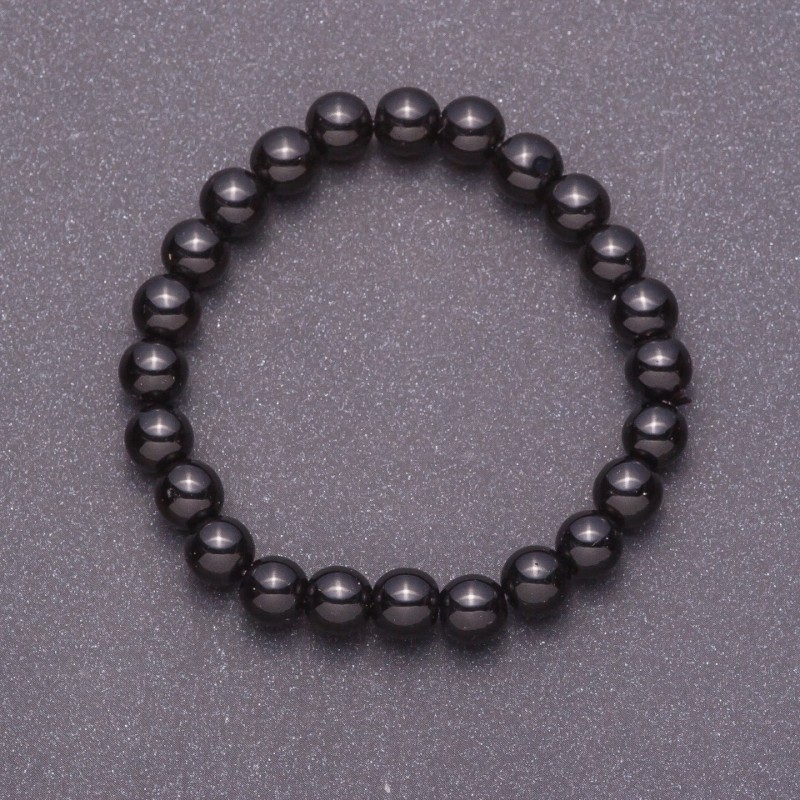 Bracelet made of natural black agate (polished) smooth beads, 8mm diameter, elastic, circumference 18cm