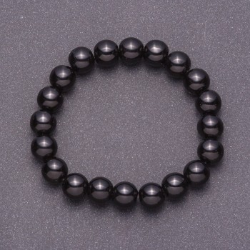 Natural Black Agate (Pressed) Smooth Round Bead Bracelet, 10mm, on Elastic Cord, 18cm Circumference