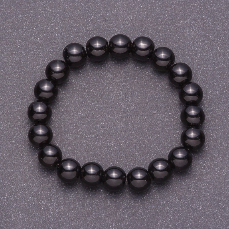 Natural Black Agate (Pressed) Smooth Round Bead Bracelet, 10mm, on Elastic Cord, 18cm Circumference