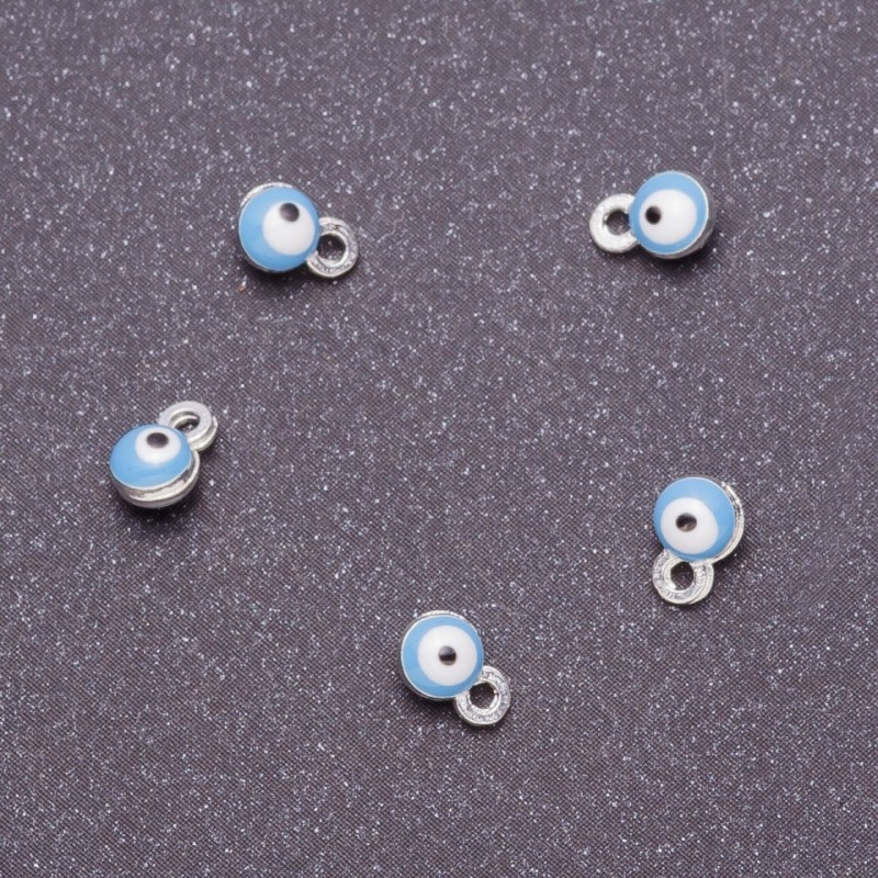 Findings pendant "eye", diameter 4mm, length 6mm, light blue enamel, gray metal, pack of 14 pcs