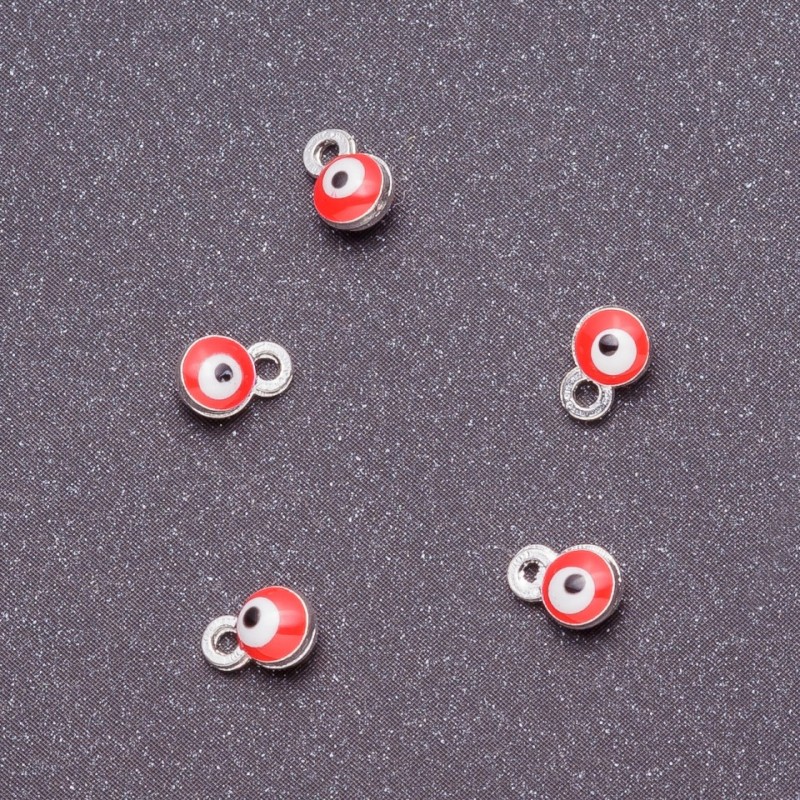 Findings Pendant "Eye", Diameter 4mm, Length 6mm, Red Enamel, Gray Metal, Pack of 14