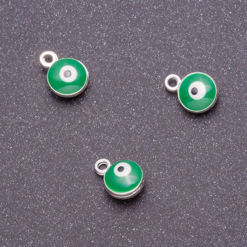 Findings Pendant "Eye", Diameter 7mm, Length 9mm, Green Enamel, Gray Metal, Pack of 12