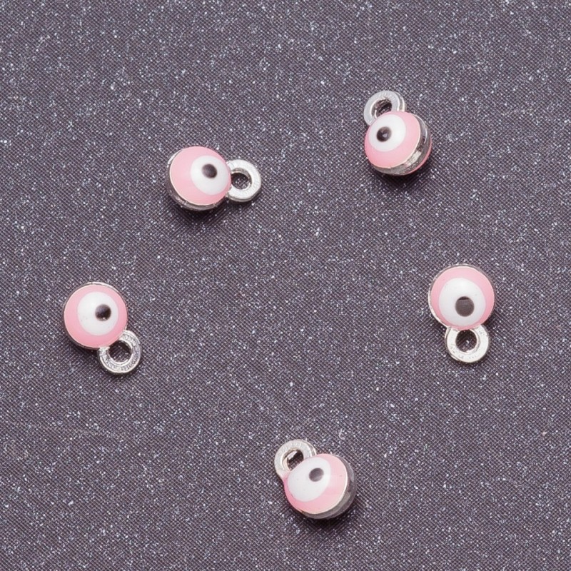 Findings Pendant "Eye", Diameter 4mm, Length 6mm, Pink Enamel, Gray Metal, Pack of 14