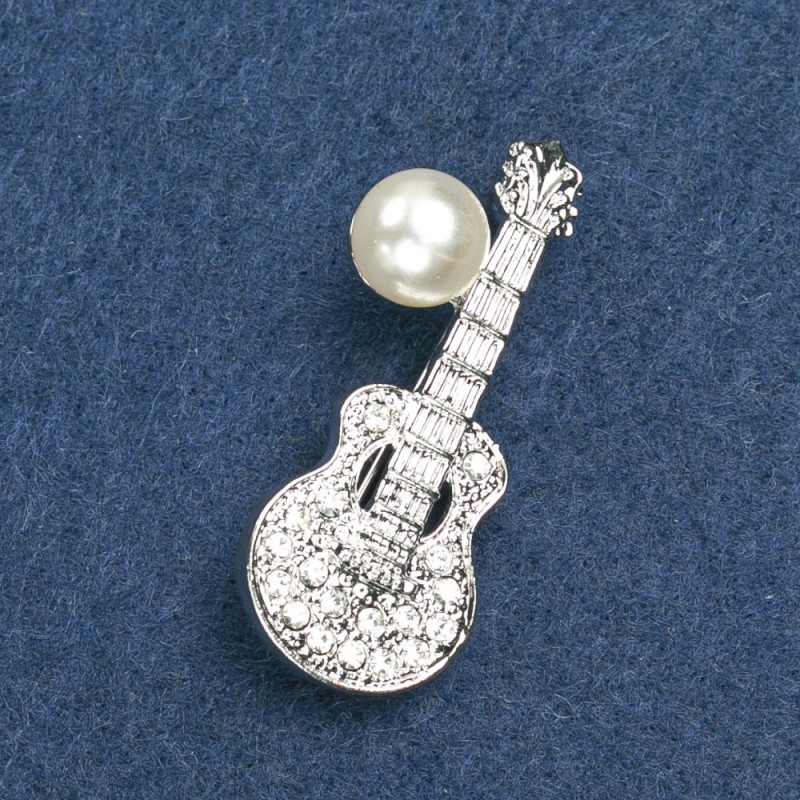 Guitar Brooch, Silver Metal with Bead and Rhinestones, 45x15mm+