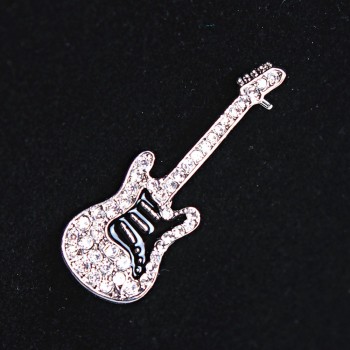 CLEARANCE Brooch Guitar light gray metal, rhinestones and enamel 45x15mm +
