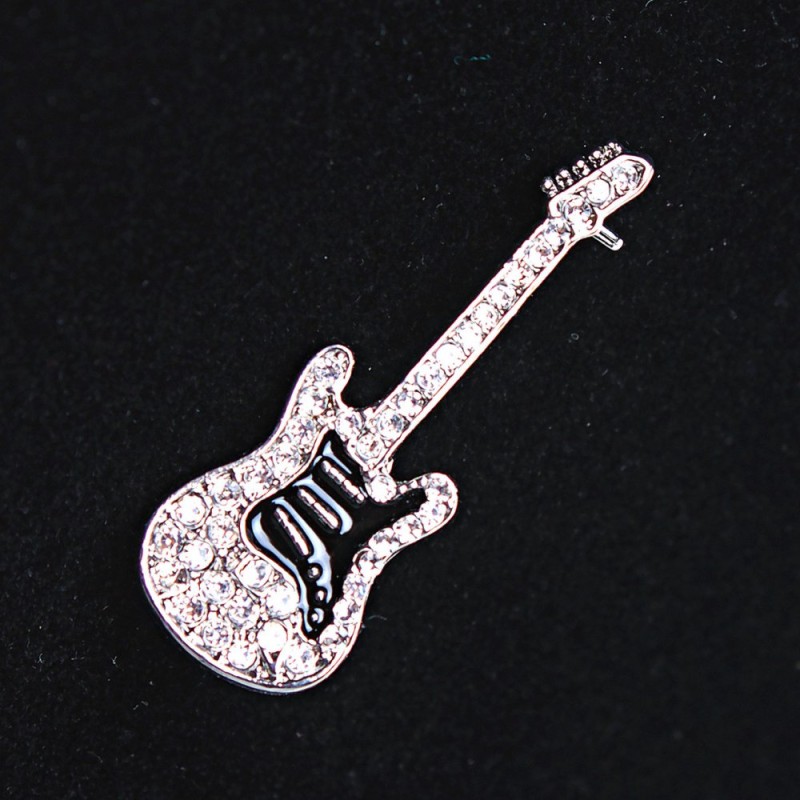 CLEARANCE Brooch Guitar light gray metal, rhinestones and enamel 45x15mm +