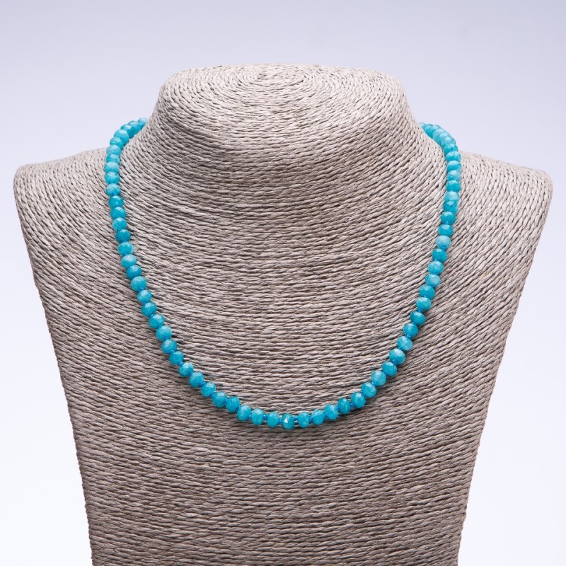 Natural Stone "Aquamarine" (Synthetic) Necklace, Faceted Rondelle, 6x4mm Diameter, 50cm Length