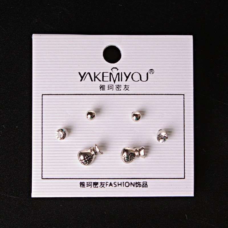 (5mm) Money Bag Ball Stud Earrings with Rhinestone, Silver