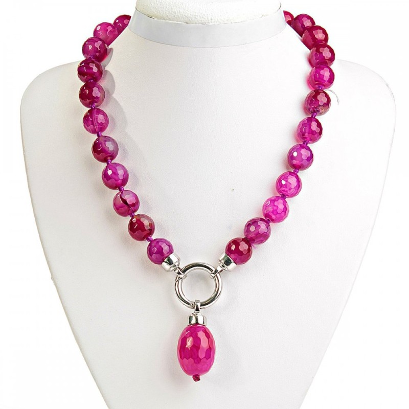 Pink Agate Necklace, Round Beads 14mm and Barrel Pendant 40mm, Length 52cm