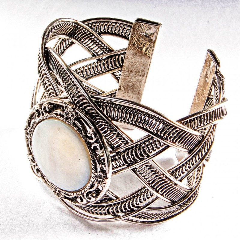 Wide Mother-of-Pearl Bangle Bracelet, Round Openwork Metal Setting