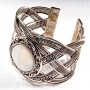 Wide Mother-of-Pearl Bangle Bracelet, Round Openwork Metal Setting