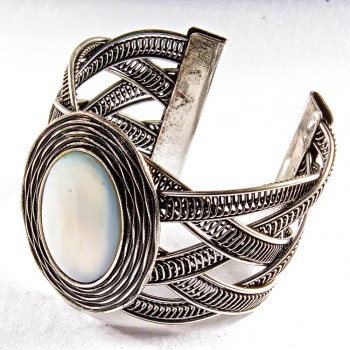 Mother-of-Pearl Bracelet, Wide Clasp, Metal Bezel Setting, Oval