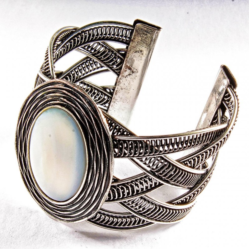 Mother-of-Pearl Bracelet, Wide Clasp, Metal Bezel Setting, Oval