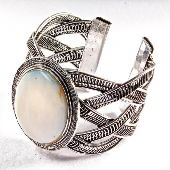 Mother-of-Pearl Bracelet, Wide Clasp, Metal Setting, Fine Greek Key Pattern, Oval