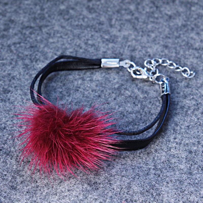 Faux Leather Bracelet, Burgundy, Natural Fur