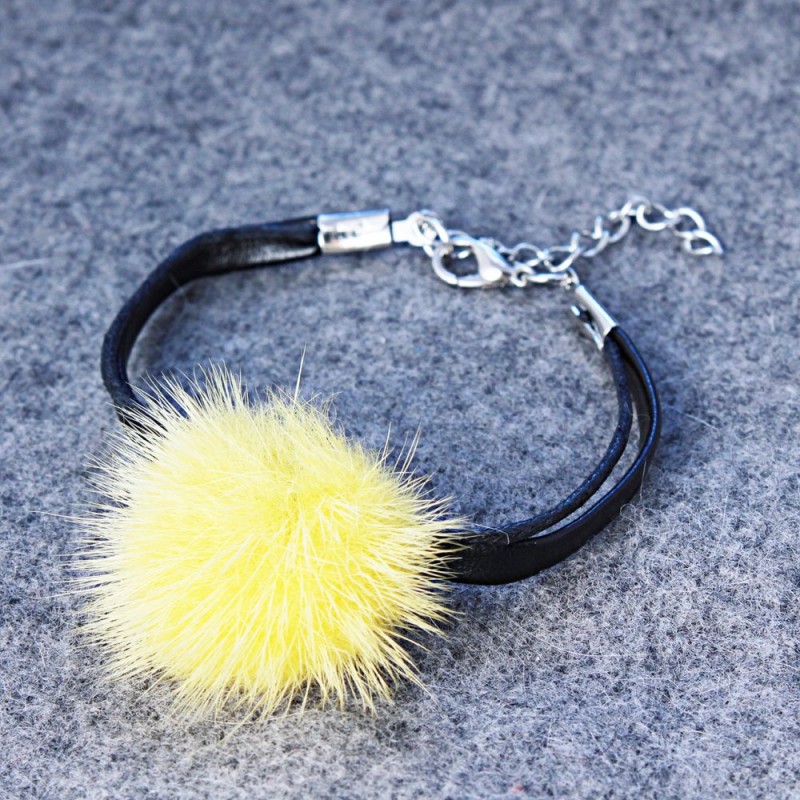 Faux Leather Bracelet, Yellow, Natural Fur