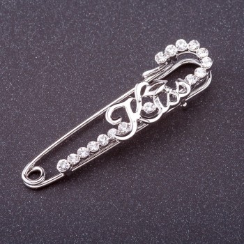 Sale! "Kiss" Stick Brooch, White Rhinestones, "Silver" Color, 5.5x1.5 cm