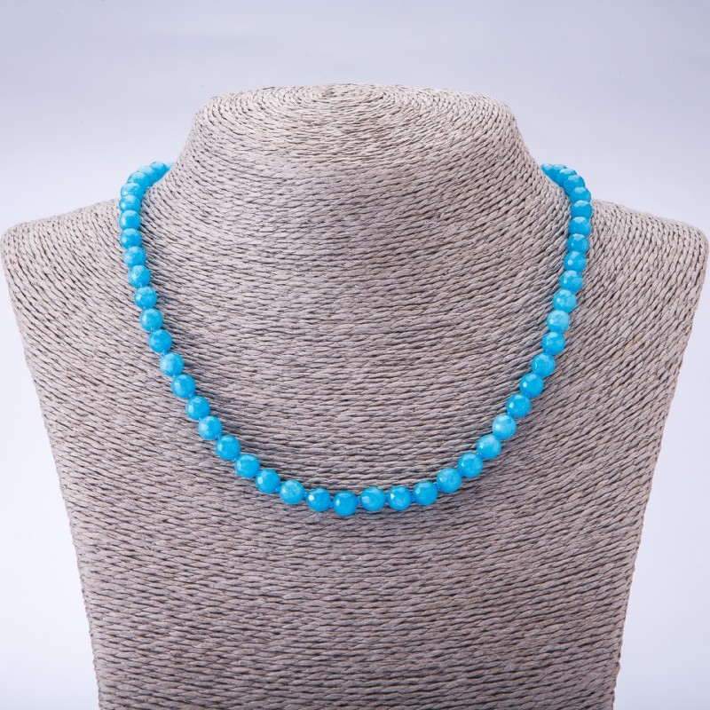 Natural Dyed Stone "Aquamarine" (Synthetic) Faceted Round Bead Necklace, 6mm Diameter, 45cm Length