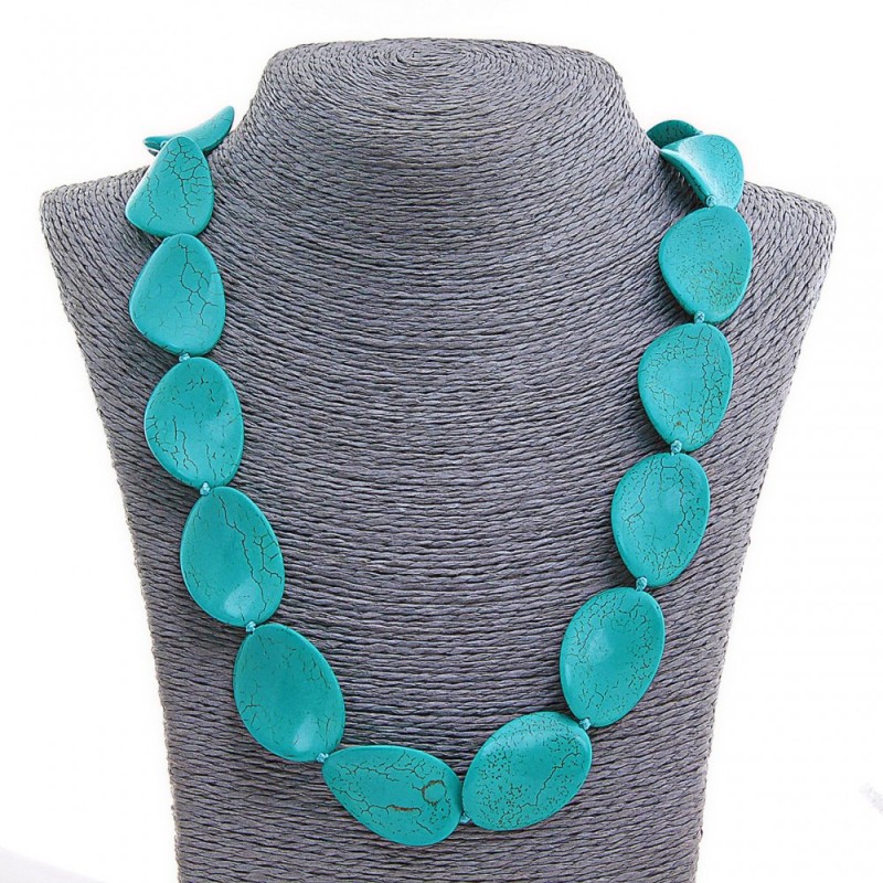 Turquoise Necklace (Pressed), Oval Flat Slightly Twisted Beads, 71cm Length
